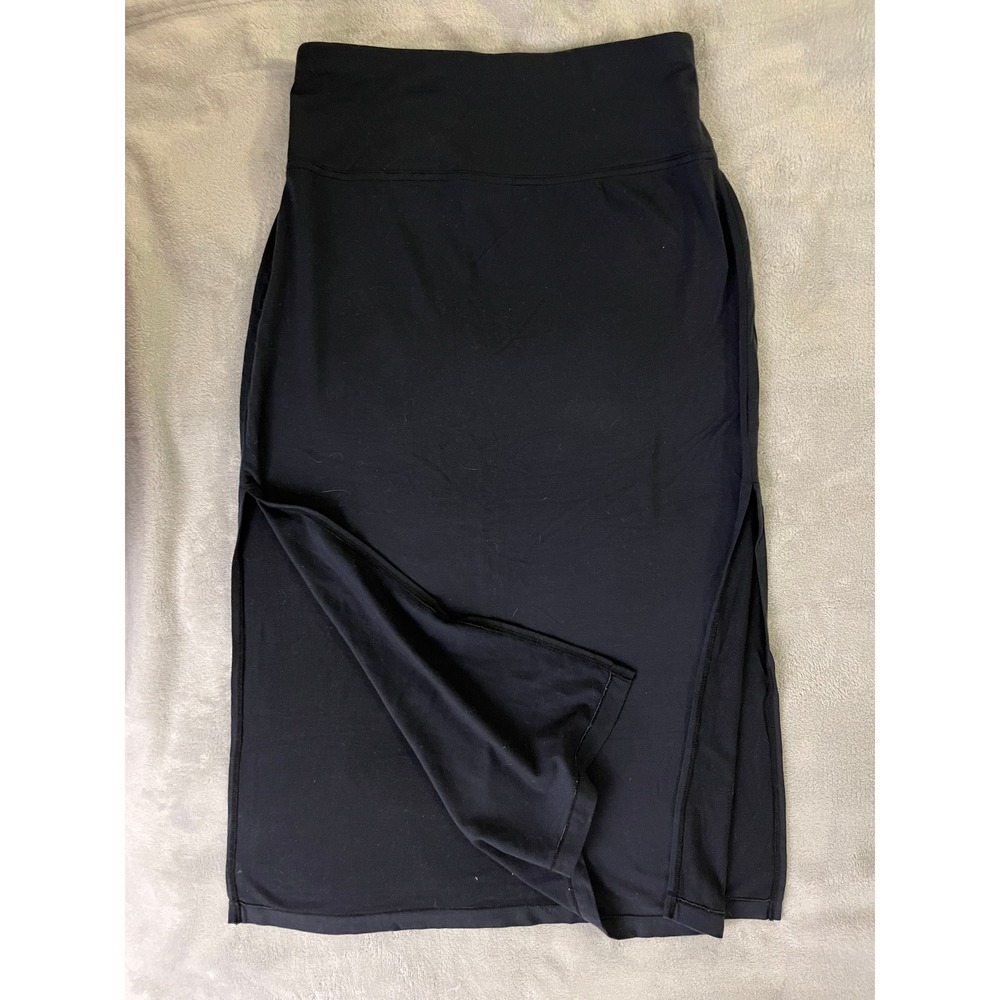 Athleta XS Black Yoga Soft Midi Skirt Side Slits Elevated Basic Comfort Stretch